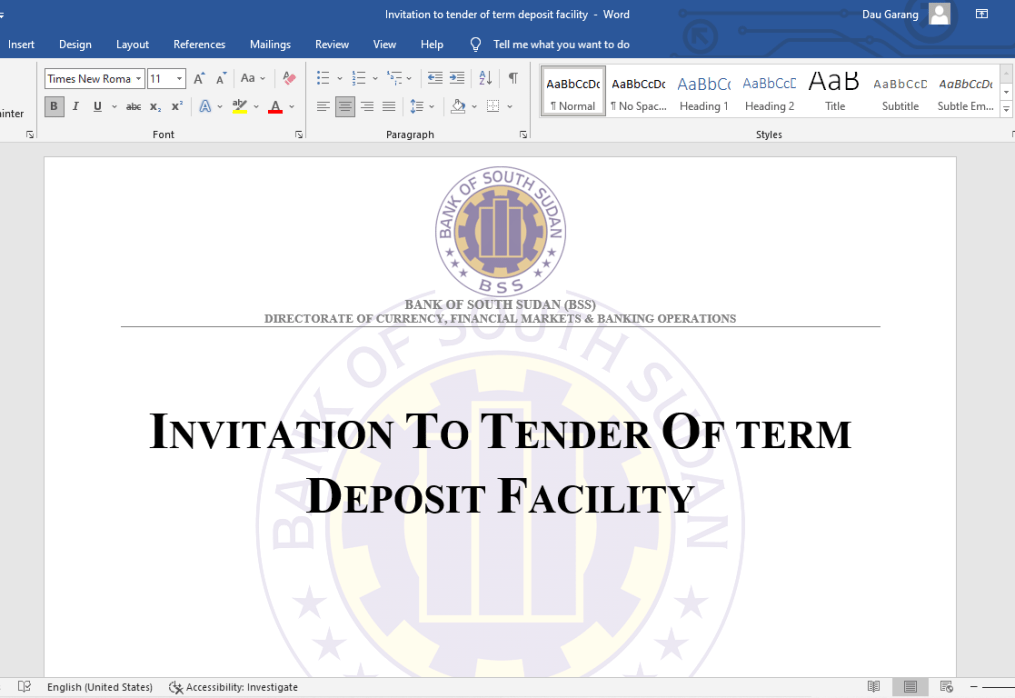 Invitation to Tender of Term Deposit Facility