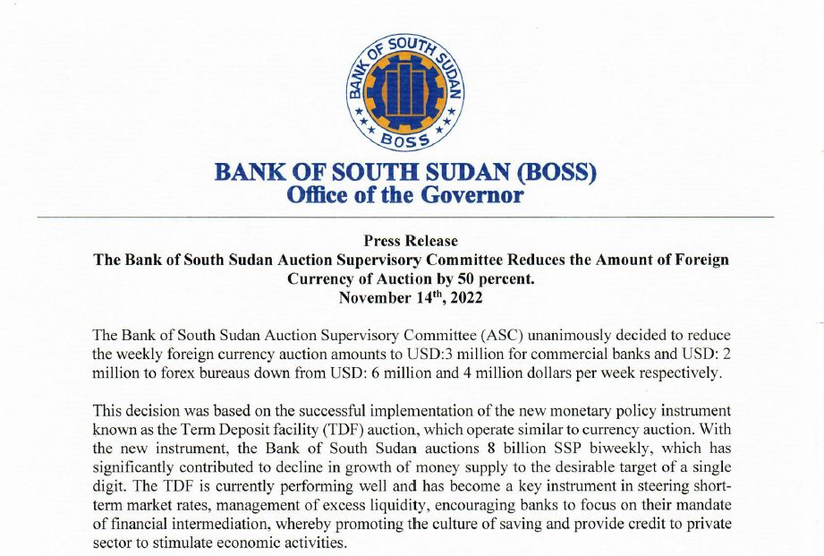 The Bank of South Sudan Auction Committee Reduces the Amount of Foreign Currency of Auction by 50 percent
